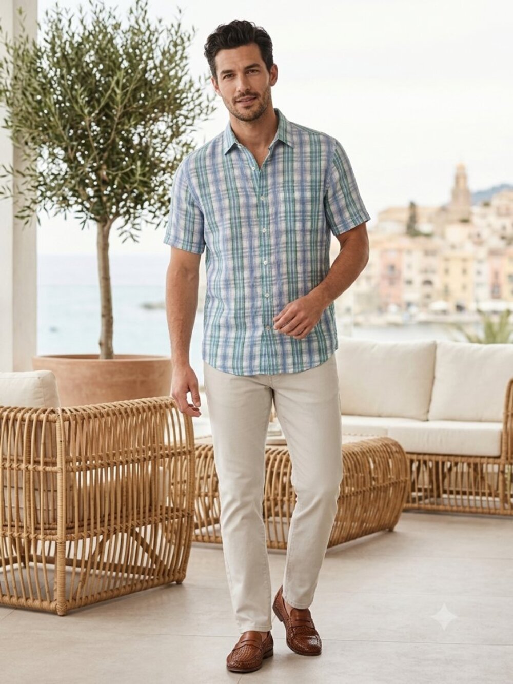 Michael Kors Men's‎ 100% Linen Plaid Short Sleeve Button Down Slim Fit Size XL